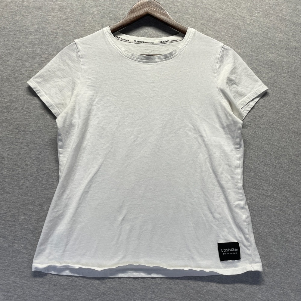 Calvin Klein Performance T Shirt Womens L White Patch Logo Cap Sleeve Crew Neck